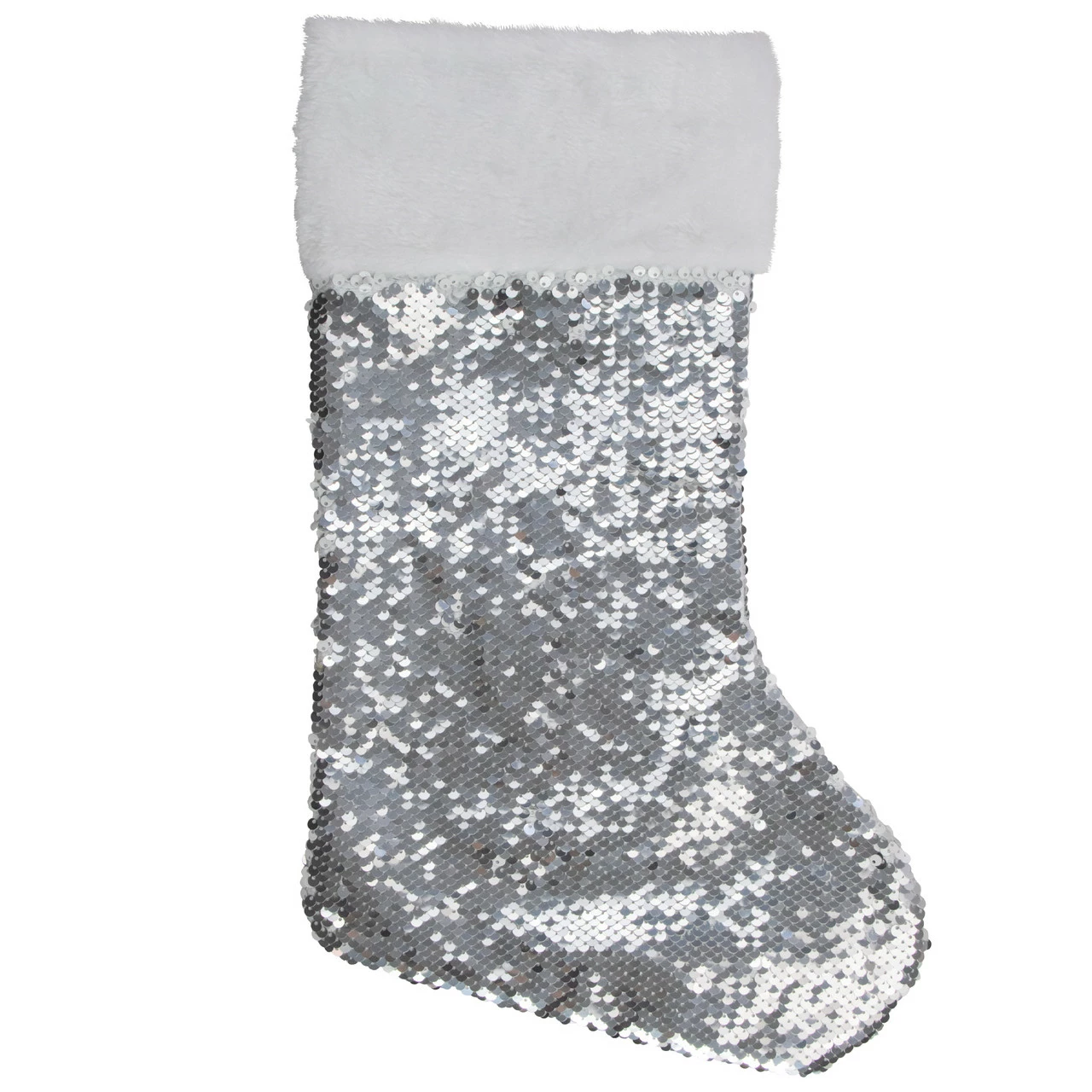 Northlight 19" White And Silver Sequin Christmas Stocking With White Faux Fur Cuff 1 Northlight 19" White And Silver Sequin Christmas Stocking With White Faux Fur Cuff