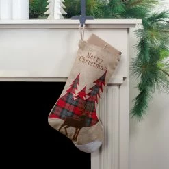 Northlight 19" Beige And Red Plaid Reindeer With Forest Trees Christmas Stocking -Northlight Shop northlight j90446 5 73834.1608349776