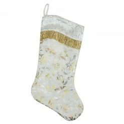 Northlight 20.5" White Satin With Silvery-Gold Flourish Christmas Stocking Sequin Cuff