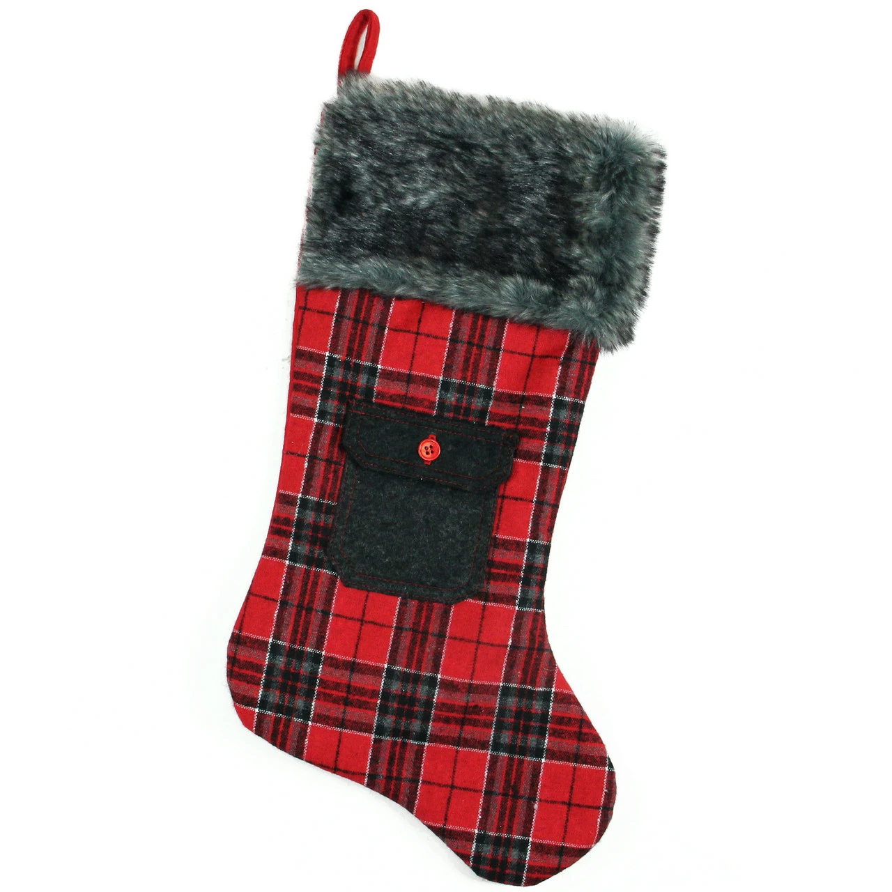 Northlight 20.5" Red And Black Plaid Christmas Stocking With Pocket And Faux Fur Cuff 1 Northlight 20.5" Red And Black Plaid Christmas Stocking With Pocket And Faux Fur Cuff