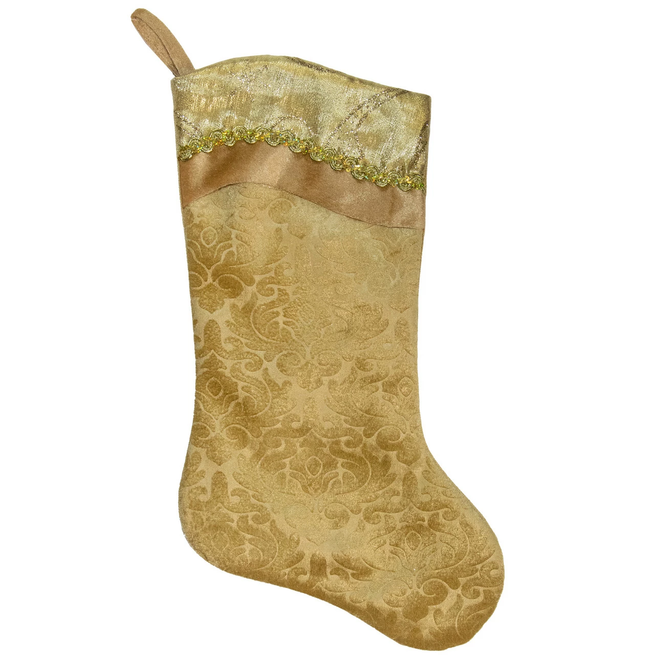 Northlight 20.5" Gold Etched Velvet Christmas Stocking With Glitter Print And Metallic Trim 1 Northlight 20.5" Gold Etched Velvet Christmas Stocking With Glitter Print And Metallic Trim