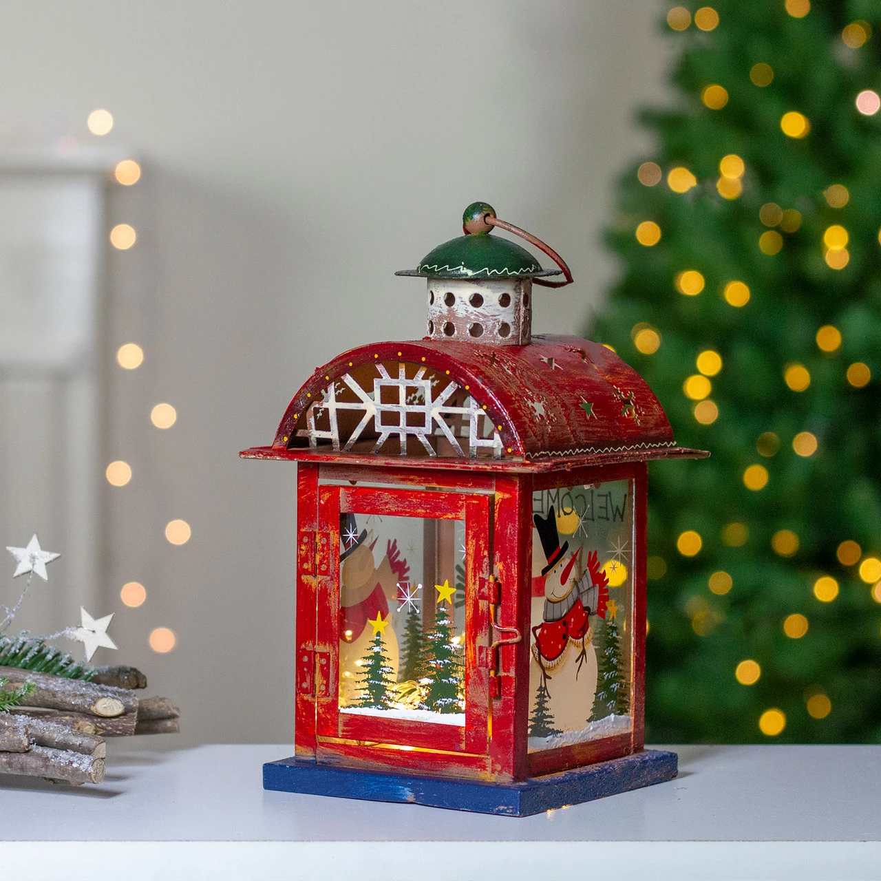 Northlight Red, White And Gray Snowman "WELCOME" Christmas Lantern 9.75" 2 Northlight Red, White And Gray Snowman "WELCOME" Christmas Lantern 9.75" - Image 2