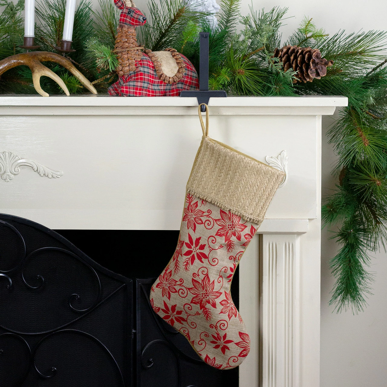 Northlight 20" Tan And Red Rustic Burlap Poinsettia Christmas Stocking 2 Northlight 20" Tan And Red Rustic Burlap Poinsettia Christmas Stocking - Image 2