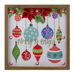 Northlight 11.8" Brown Wooden Frame "Merry & Bright" With Hanging Ornaments And Glitter Christmas Plaque