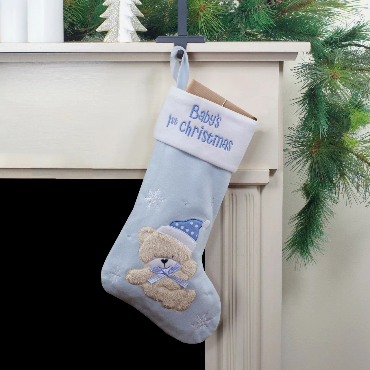 Northlight 19" Blue And White Baby's 1st Christmas Embroidered Teddy Bear Christmas Stocking 2 Northlight 19" Blue And White Baby's 1st Christmas Embroidered Teddy Bear Christmas Stocking - Image 2