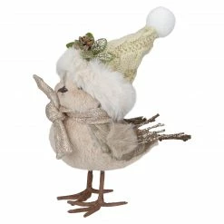 Northlight 8" Beige And White Plush Bird In Santa Hat Christmas Figure