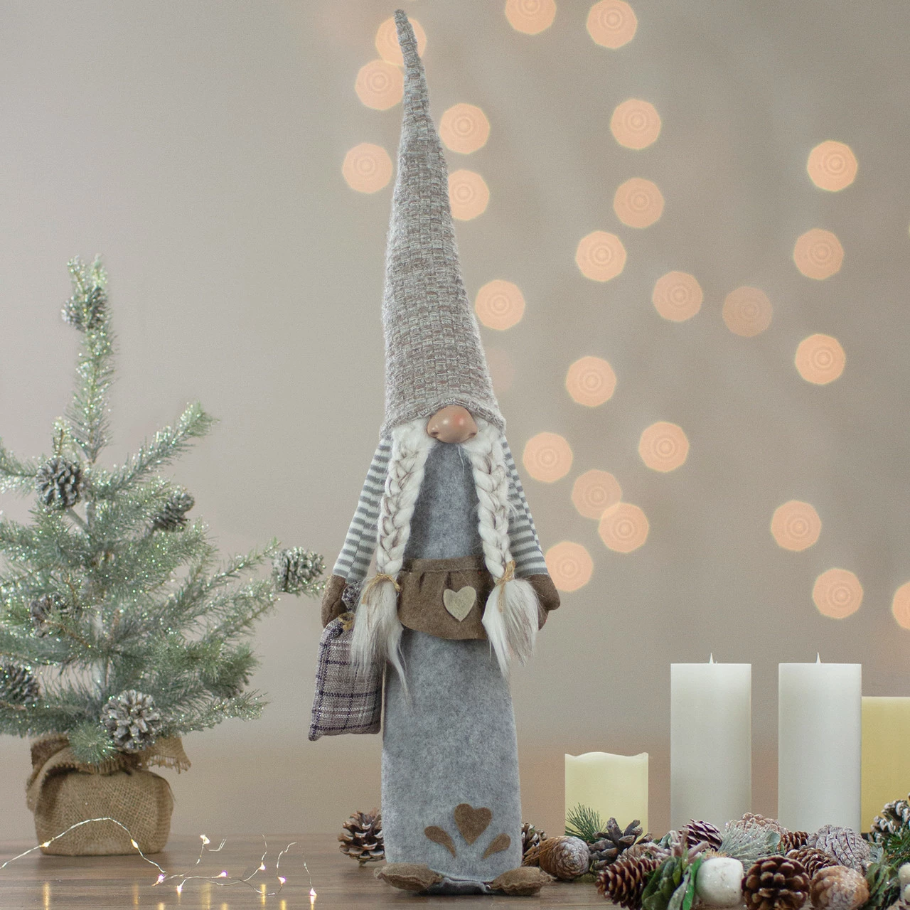 Northlight 27" Gray And Beige Girl Christmas Gnome With Plaid Toy Sack Figure 2 Northlight 27" Gray And Beige Girl Christmas Gnome With Plaid Toy Sack Figure - Image 2