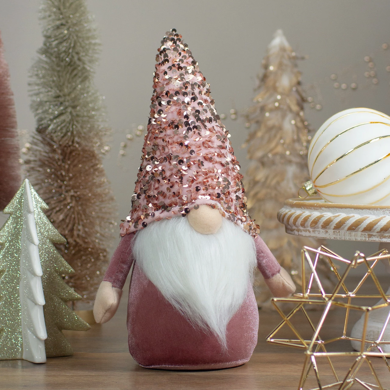 Northlight 12" Pink And Rose Gold Christmas Gnome Tabletop Figure 2 Northlight 12" Pink And Rose Gold Christmas Gnome Tabletop Figure - Image 2