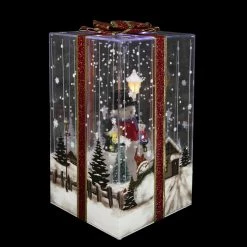Northlight 12" Lighted And Musical Snowman Family Snowing Gift Box Christmas Decoration