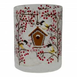Northlight 5" Hand Painted Sparrows And Berries Flameless Glass Christmas Candle Holder