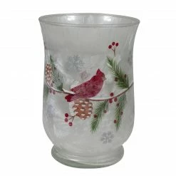 Northlight 6" Hand Painted Christmas Cardinal And Pine Flameless Glass Candle Holder