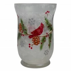 Northlight 4" Hand Painted Christmas Cardinal And Pine Flameless Glass Candle Holder