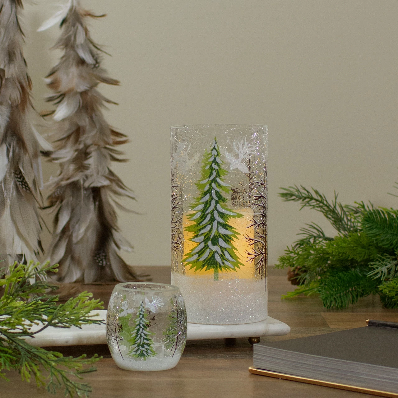 Northlight 3" Hand Painted Christmas Pine Trees Flameless Glass Christmas Candle Holder 2 Northlight 3" Hand Painted Christmas Pine Trees Flameless Glass Christmas Candle Holder - Image 2