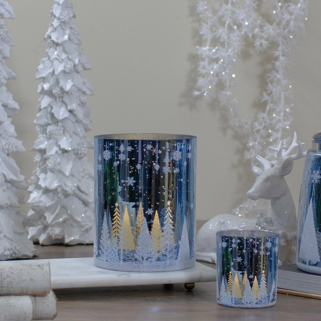 Northlight 6.25-Inch Shiny Blue And Silver Winter Forest And Snowflake Flameless Candle Holder 2 Northlight 6.25-Inch Shiny Blue And Silver Winter Forest And Snowflake Flameless Candle Holder - Image 2