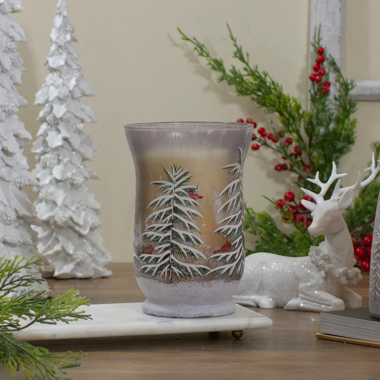 Northlight 8" Hand-Painted Pine And Birds Flameless Glass Christmas Candle Holder 2 Northlight 8" Hand-Painted Pine And Birds Flameless Glass Christmas Candle Holder - Image 2
