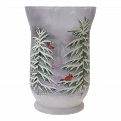 Northlight 8" Hand-Painted Pine And Birds Flameless Glass Christmas Candle Holder