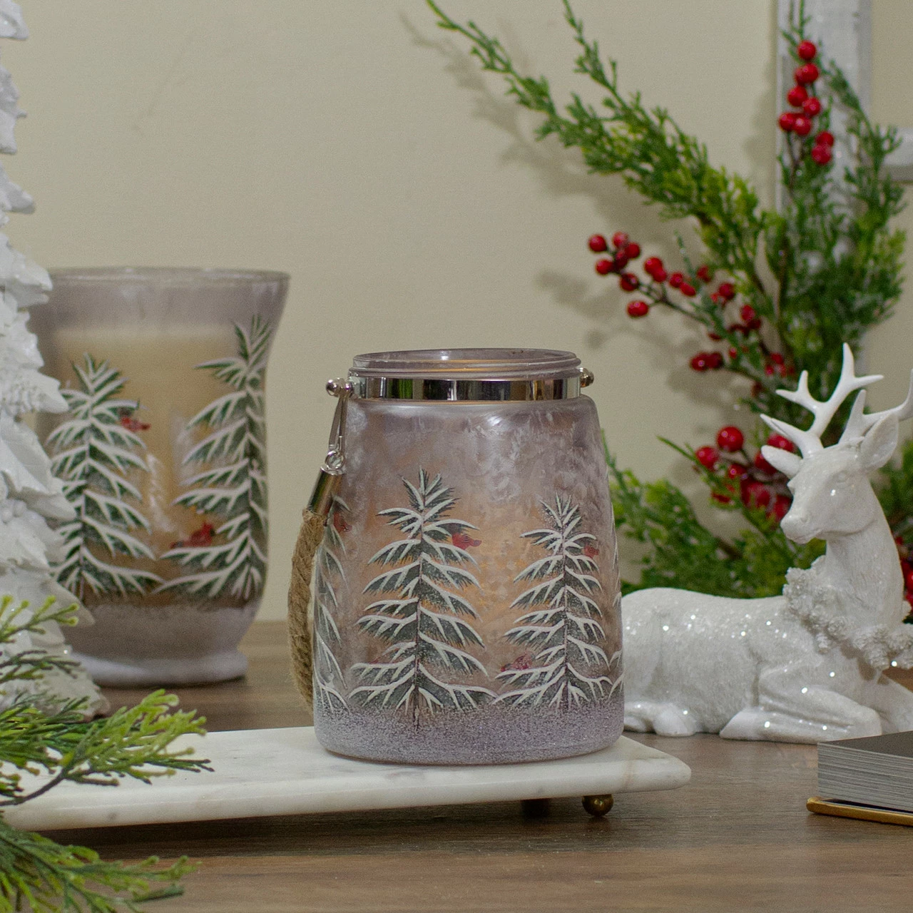 Northlight 6.25" Hand-Painted Pine Trees And Cardinals Flameless Glass Christmas Candle Holder 2 Northlight 6.25" Hand-Painted Pine Trees And Cardinals Flameless Glass Christmas Candle Holder - Image 2