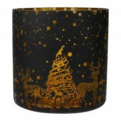 Northlight 6" Black And Gold Deer And Pine Trees Flameless Glass Candle Holder