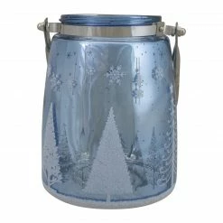 Northlight 6.25" Shiny Blue And Silver Winter Forest And Snowflake Christmas Flameless Candle Lantern