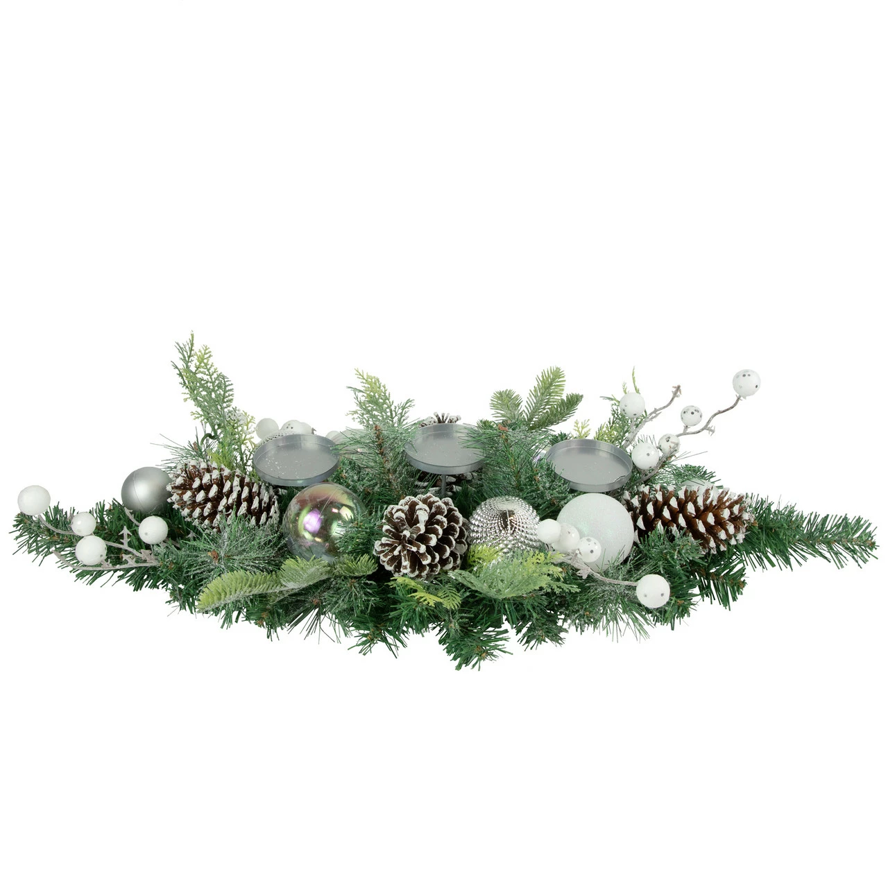 Northlight 32" Green Pine Triple Candle Holder With Berries And Iridescent Christmas Ornaments 1 Northlight 32" Green Pine Triple Candle Holder With Berries And Iridescent Christmas Ornaments