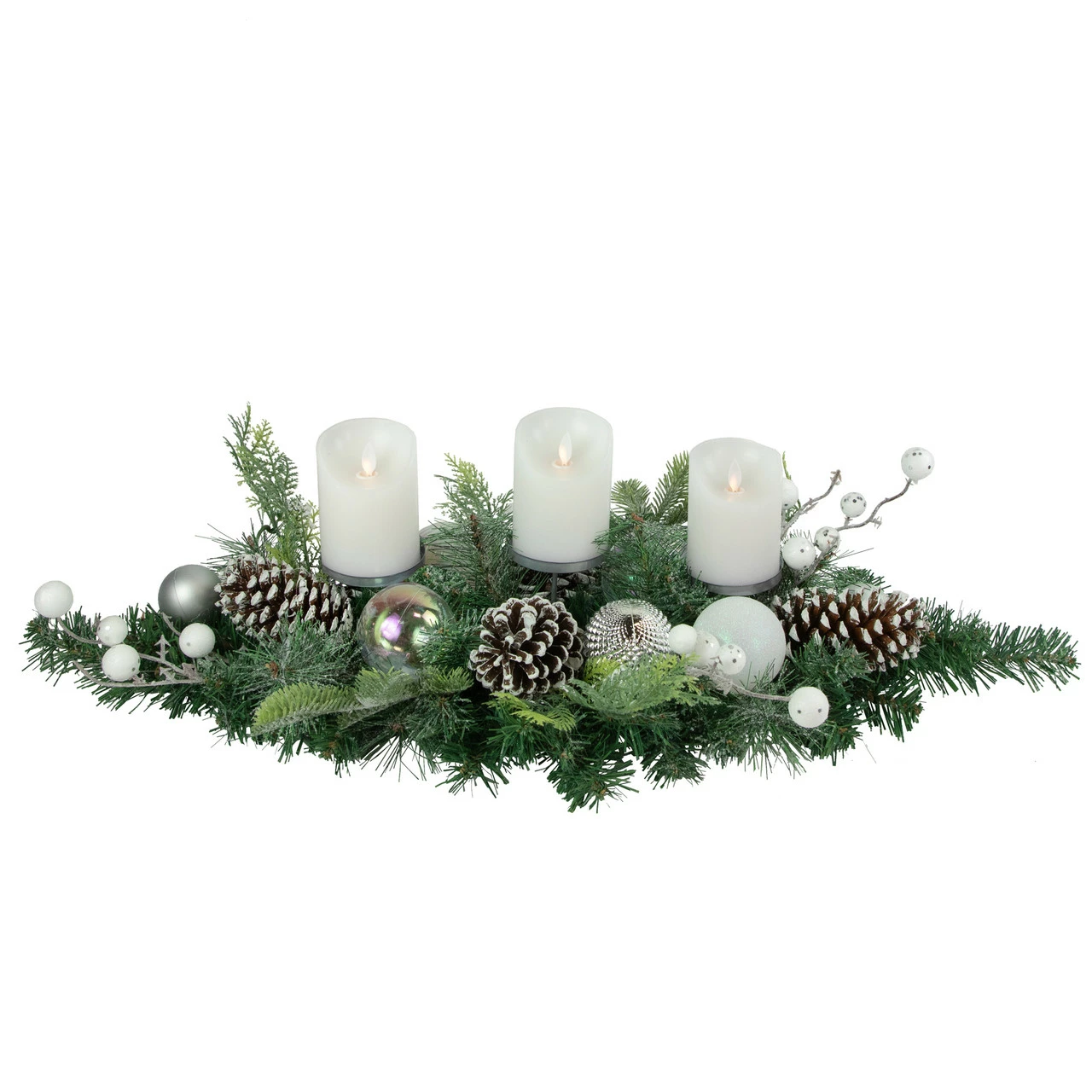 Northlight 32" Green Pine Triple Candle Holder With Berries And Iridescent Christmas Ornaments 3 Northlight 32" Green Pine Triple Candle Holder With Berries And Iridescent Christmas Ornaments - Image 3
