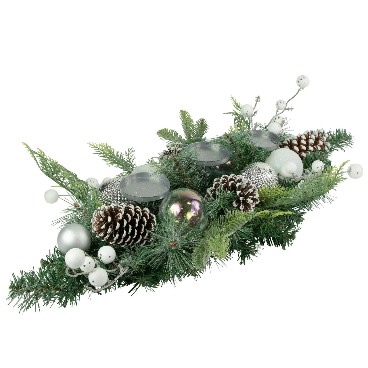 Northlight 32" Green Pine Triple Candle Holder With Berries And Iridescent Christmas Ornaments 4 Northlight 32" Green Pine Triple Candle Holder With Berries And Iridescent Christmas Ornaments - Image 4