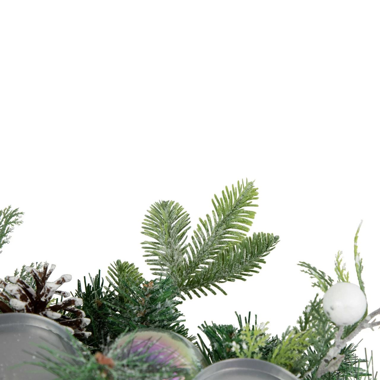 Northlight 32" Green Pine Triple Candle Holder With Berries And Iridescent Christmas Ornaments 5 Northlight 32" Green Pine Triple Candle Holder With Berries And Iridescent Christmas Ornaments - Image 5