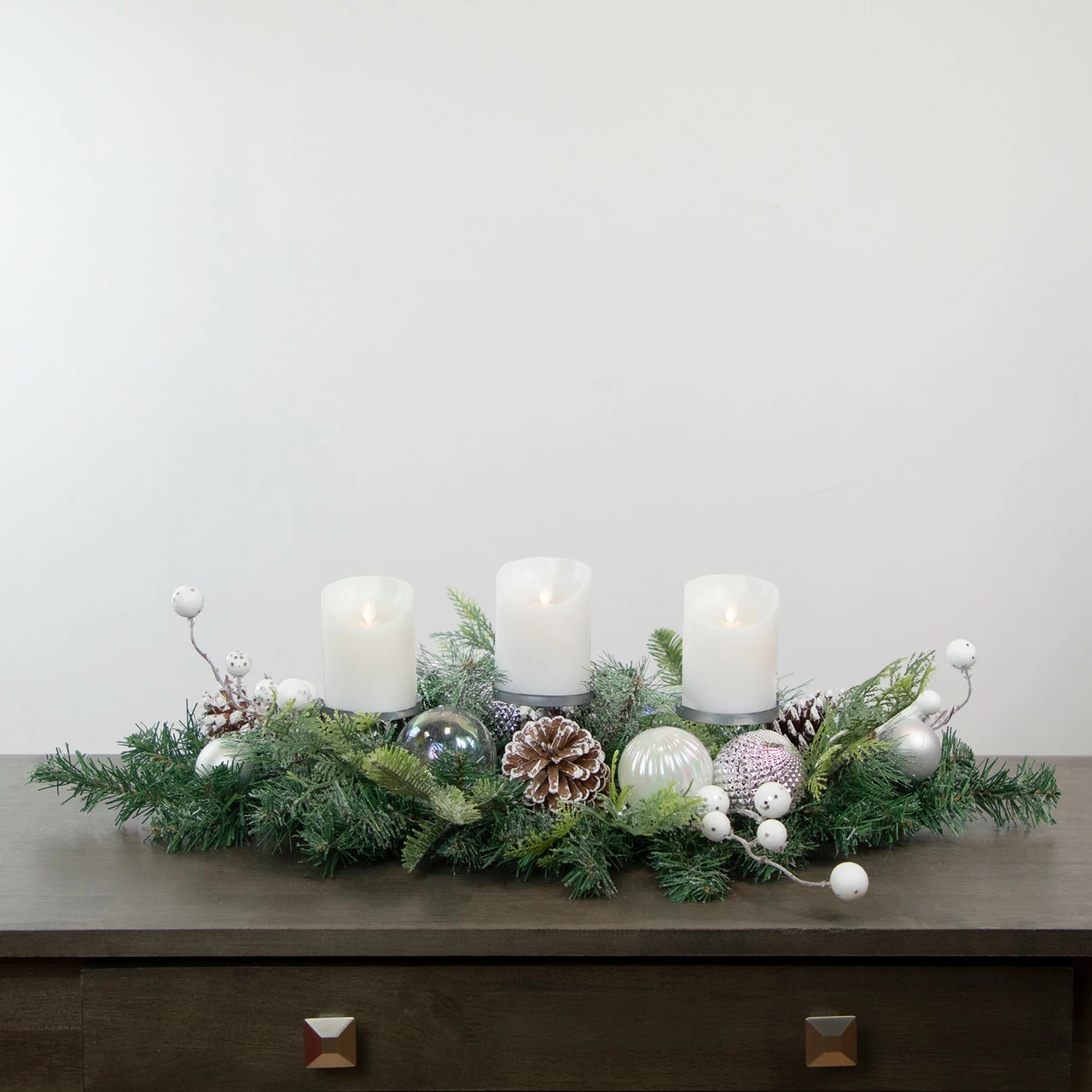 Northlight 32" Green Pine Triple Candle Holder With Berries And Iridescent Christmas Ornaments 2 Northlight 32" Green Pine Triple Candle Holder With Berries And Iridescent Christmas Ornaments - Image 2