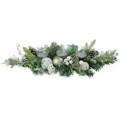 Northlight 32" Green Frosted Pine Triple Candle Holder With Christmas Ornaments And Pinecones
