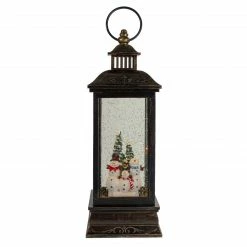 Northlight 11" Black With Brushed Gold LED Snowman Family Christmas Lantern Snow Globe