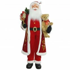 Northlight 60" Traditional Santa Claus With Teddy Bear And Gift Bag Standing Christmas Figure