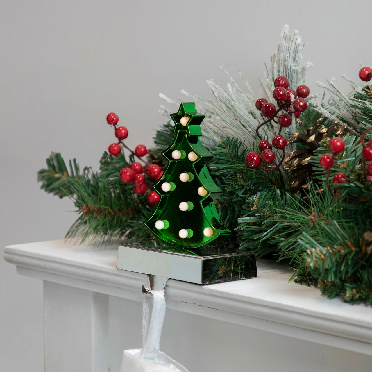 Northlight Shiny Green LED Lighted Christmas Tree Stocking Holder 7" 2 Northlight Shiny Green LED Lighted Christmas Tree Stocking Holder 7" - Image 2