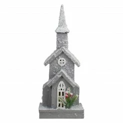 Northlight 16" Lighted White And Gray Snowy Church Christmas Tabletop Decoration