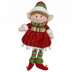 Northlight 14" Red And Green Plush Jingle Bell Girl Elf Christmas Figure