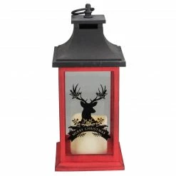 Northlight 12" Red And Black LED Candle With Deer Christmas Lantern