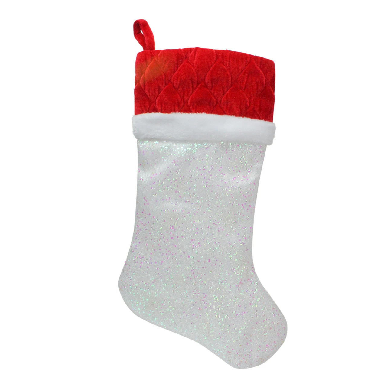 Northlight 22.25" LED Lighted White Iridescent Glittered Christmas Stocking With Red Cuff 1 Northlight 22.25" LED Lighted White Iridescent Glittered Christmas Stocking With Red Cuff