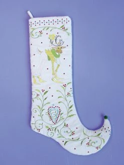 Patience Brewster 28" White And Green Prancer Embroidered Christmas Stocking