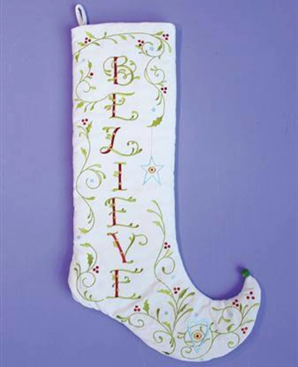 Patience Brewster 28" White And Green Embroidered Christmas Stocking 1 Patience Brewster 28" White And Green Embroidered Christmas Stocking