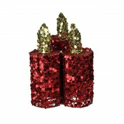 PENN 9" Red And Gold Flameless Sequin LED Lighted Christmas Pillar Candle Tabletop Decor