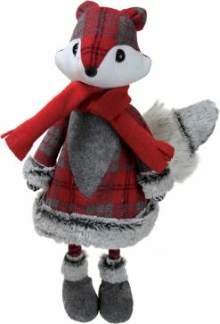 Northlight 18" Red And Gray Plaid Girl Fox Christmas Figurine