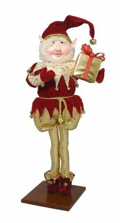 Fantasy Creations 25" Red Christmas Elf Holding Present On Display Stand