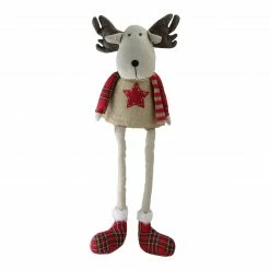 Northlight 14.75" Red And White Plaid Elk Sitting With Dangling Legs Tabletop Decoration