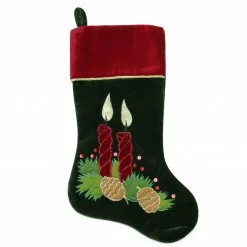 Northlight 20" Dark Green And Burgundy Candle And Pine Cone Velveteen Christmas Stocking