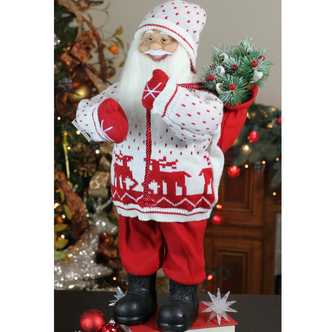 Northlight 25" White And Red Santa In Knit Deer Sweater With Sack Of Pine Figure Decoration 2 Northlight 25" White And Red Santa In Knit Deer Sweater With Sack Of Pine Figure Decoration - Image 2