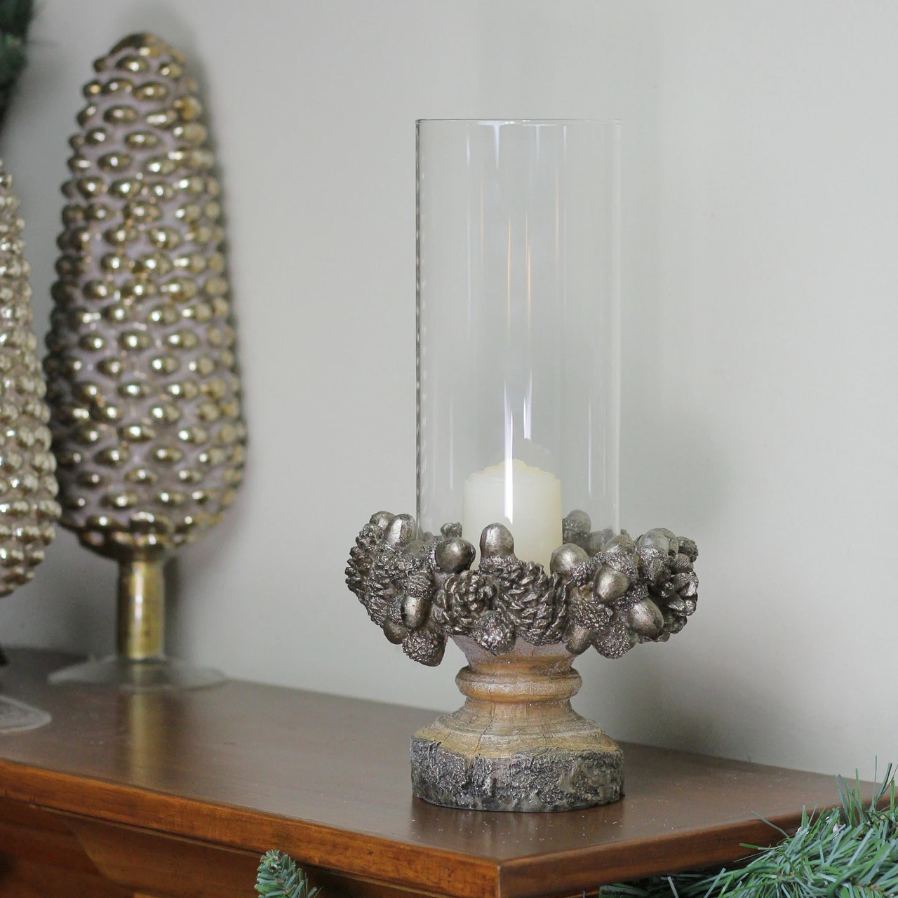 Raz 11" Rustic Acorn And Pinecone Tree Pillar Candle Holder With Glass Case 3 Raz 11" Rustic Acorn And Pinecone Tree Pillar Candle Holder With Glass Case - Image 3