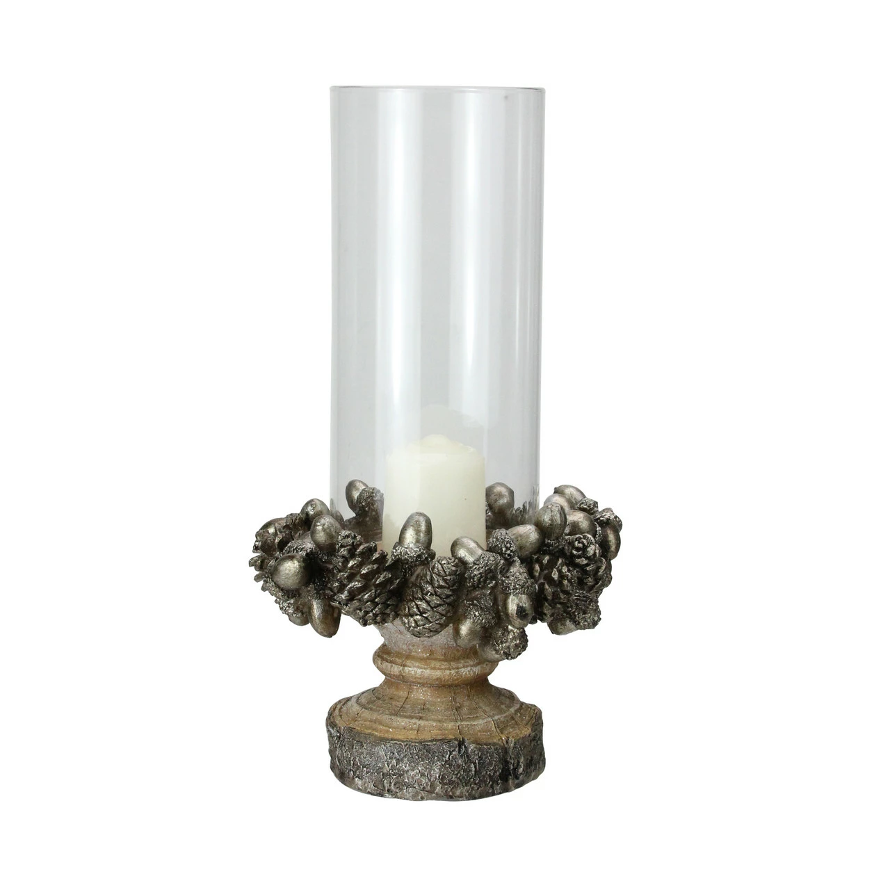 Raz 11" Rustic Acorn And Pinecone Tree Pillar Candle Holder With Glass Case 1 Raz 11" Rustic Acorn And Pinecone Tree Pillar Candle Holder With Glass Case