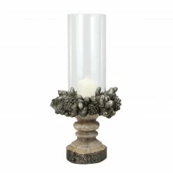 Raz 13" Rustic Acorn And Pinecone Tree Pillar Candle Holder With Glass Case