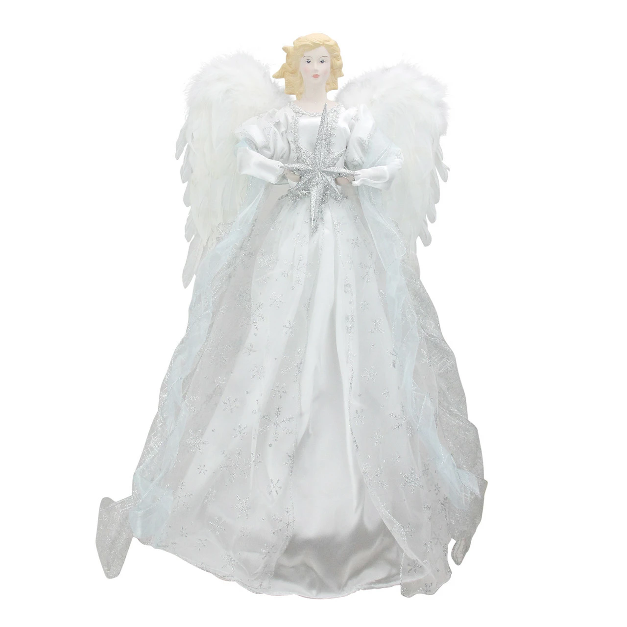 Roman 22" White And Silver Glitter Angel With Star Hanging Christmas Decoration 1 Roman 22" White And Silver Glitter Angel With Star Hanging Christmas Decoration