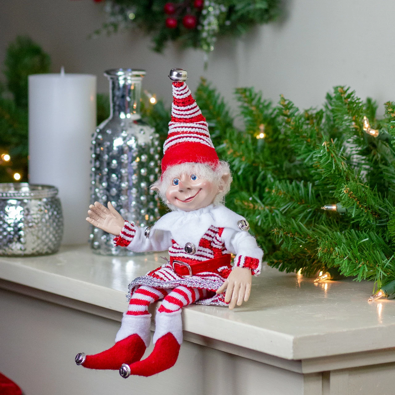 Select Artificials 13" Red And White Peppermint Striped Elf With Jingle Bells 2 Select Artificials 13" Red And White Peppermint Striped Elf With Jingle Bells - Image 2