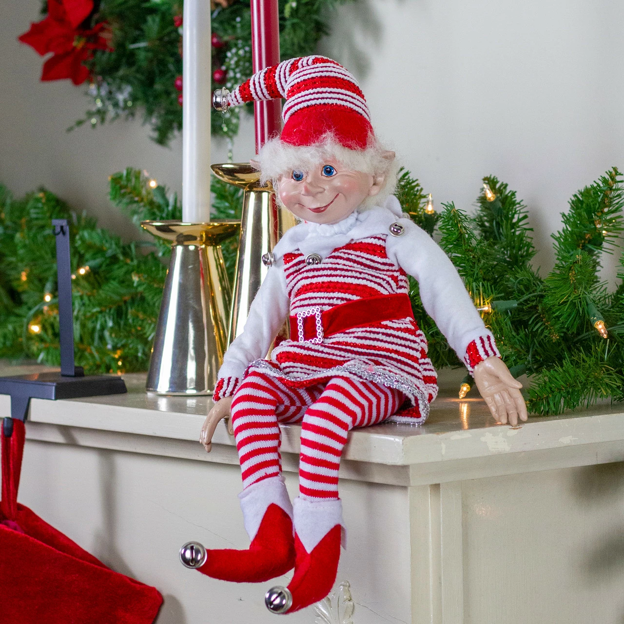 Select Artificials 20" Red And White Peppermint Striped Elf With Jingle Bells 2 Select Artificials 20" Red And White Peppermint Striped Elf With Jingle Bells - Image 2